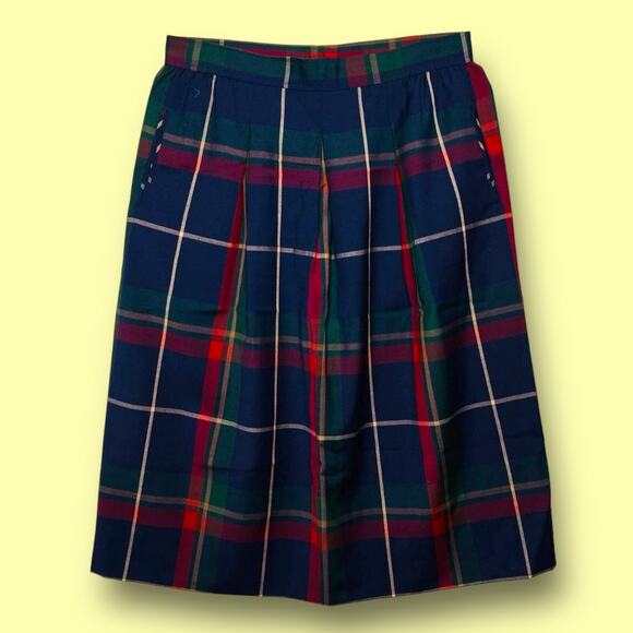 Vintage 80s Pendleton Size 12 Navy Window Pane Plaid ALine Skirt Pleated Classic - Picture 1 of 8